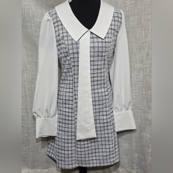 Dresses & Skirts - Plaid Tweed Dress Bow Front Long Sleeve, Mini Houndstooth, Preppy, Clueless Med